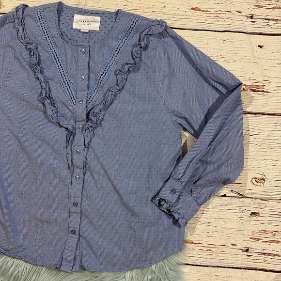 The Shirt Rochelle Behrens Stripe Ruffle Trim Button Front Blouse - Picture 6 of 9